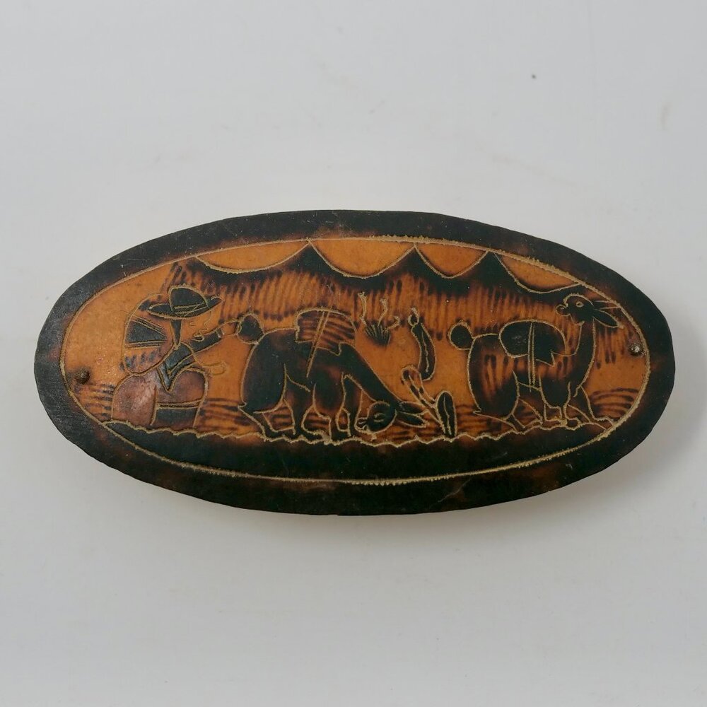 Vintage Pyrography Carved Peruvian Wood Barrette Taiwan Boho Hippie Cottagecore